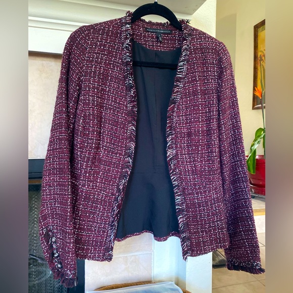 White House Black Market Jackets & Blazers - Burgundy Red / Black / White Tweed Fringe Blazer